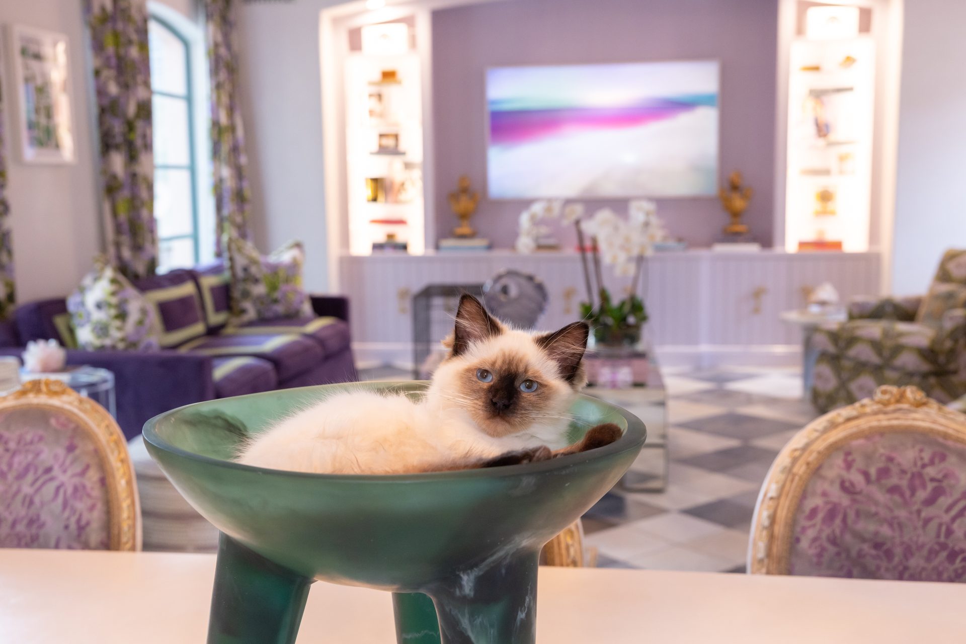 Colorful sitting area at The Redbird House, a historic River Oaks home